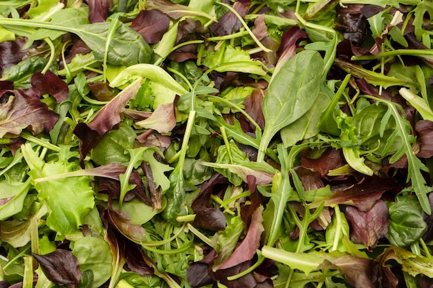 Fresh mix of salads with edible flowers Top view