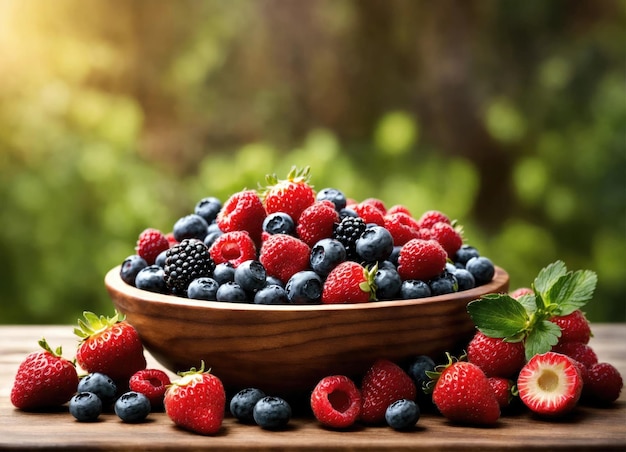 Fresh mixed berries on a wooden table