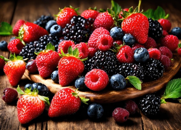 Fresh mixed berries on a wooden table