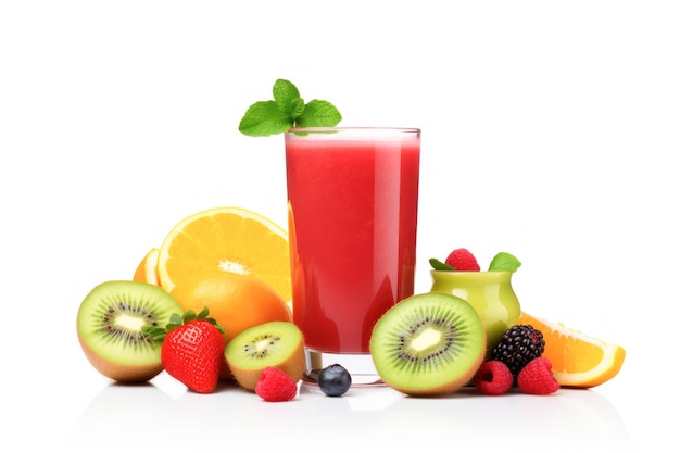 Fresh mixed fruit juice in the glass with various fruit