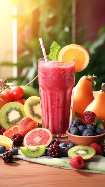 Fresh mixed fruit juice in the glass with various fruit