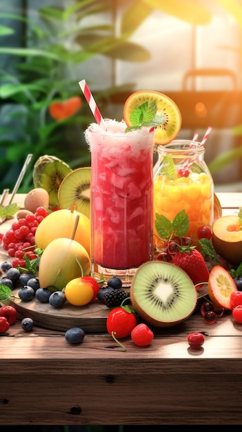 Fresh mixed fruit juice in the glass with various fruit