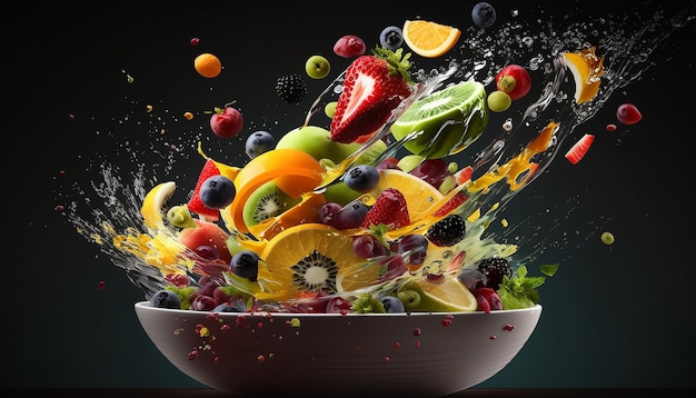 Fresh mixed fruit salad falling into a bowl of salad Generative AI