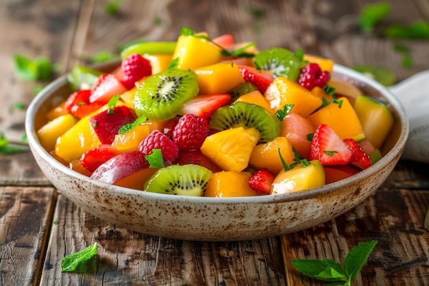 Fresh Mixed Fruit Salad with Kiwi Strawberry and Mango in Rustic Bowl on Wooden Background