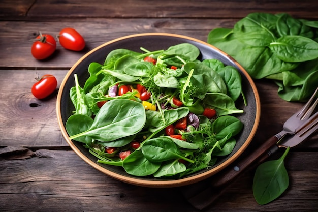 Fresh mixed green salad in bowl on wooden table Mix salad leaves in a black bowl