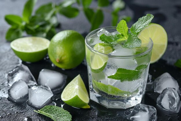 Fresh mojito cocktail with a lime slice and ice cubes on transparent background