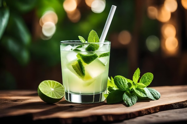 Fresh mojito cocktail on wood blur background
