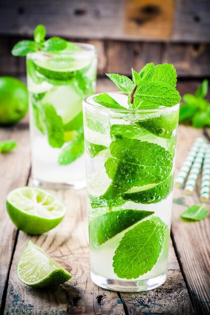 Fresh mojito cocktails with lime mint and ice in glass on wooden background