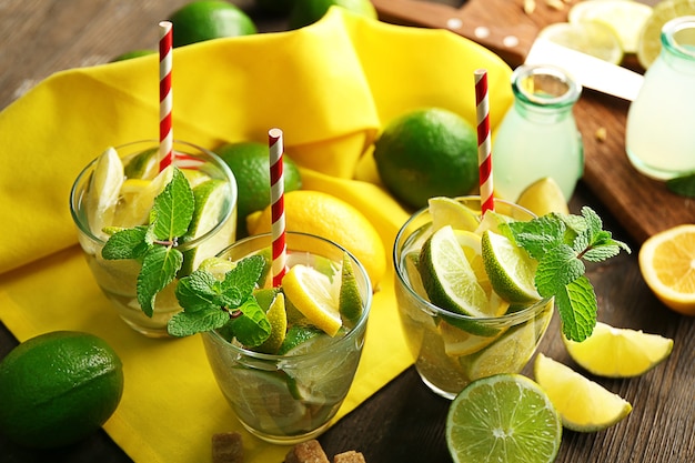 Fresh mojito drinks with lime, lemon and mint, closeup