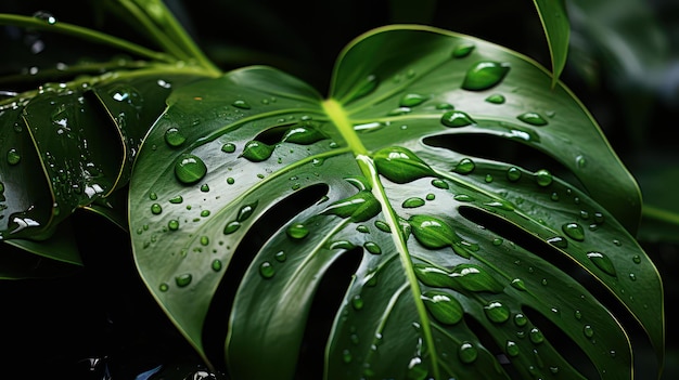 Fresh monstera leaf with water drops