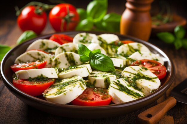 Foto formaggio mozzarella fresco e insalata di pomodoro con basilico e salsa di pesto