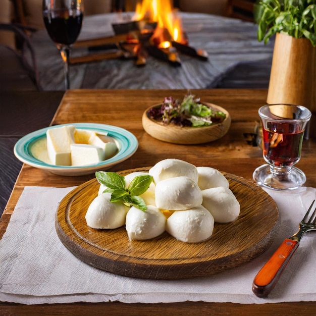 Fresh mozzarella cheese with basil and red wine on a wooden table