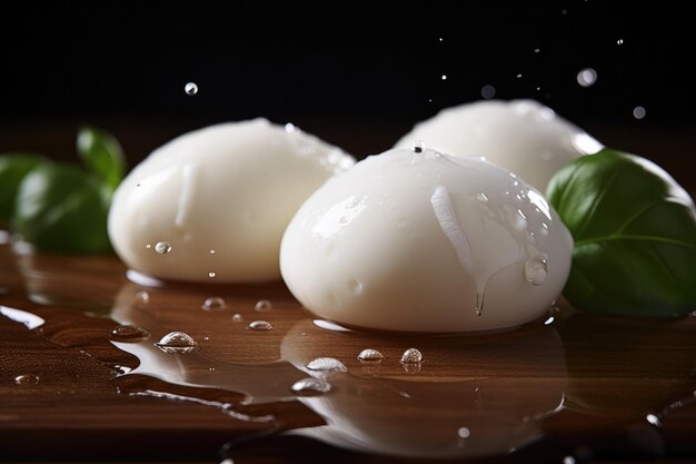 Fresh mozzarella cheese on the wooden table with water drops Generative Ai