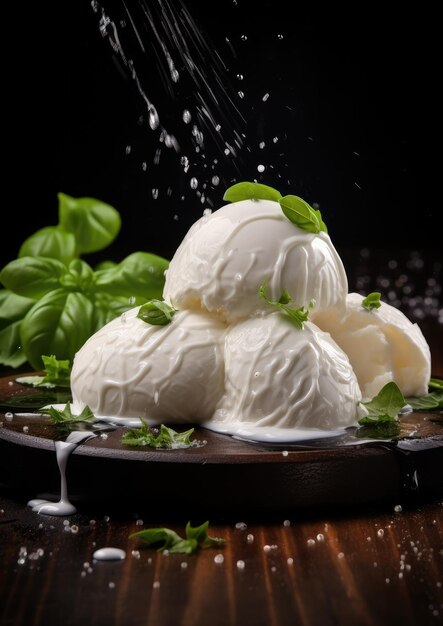 Fresh mozzarella cheese on the wooden table with water drops Generative Ai