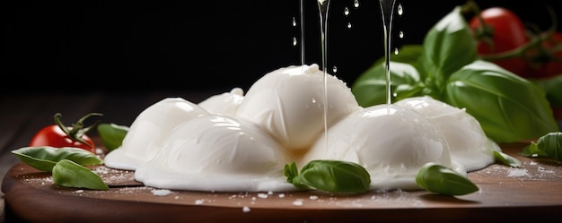 Fresh mozzarella cheese on the wooden table with water drops panorama Generative Ai