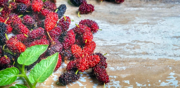 Fresh Mulberry's bio is een gezonde superfruitbron van vitamines op de oude houten tafel