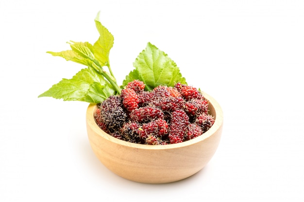 Fresh Mulberry with green leaf isolated on white