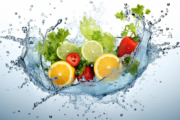 Photo fresh multi fruits and healthy vegetables food diet freshness and cocktail drinks summer beverage concept with ice water drop splash background