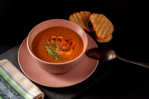 Fresh mushroom puree soup with vegetables, dill and toast