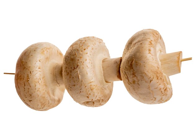 Fresh mushrooms are strung on a wooden skewer isolated on a white background