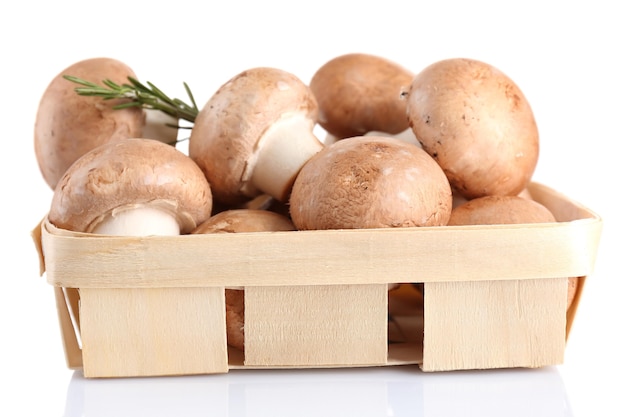 Fresh mushrooms in basket, isolated on white