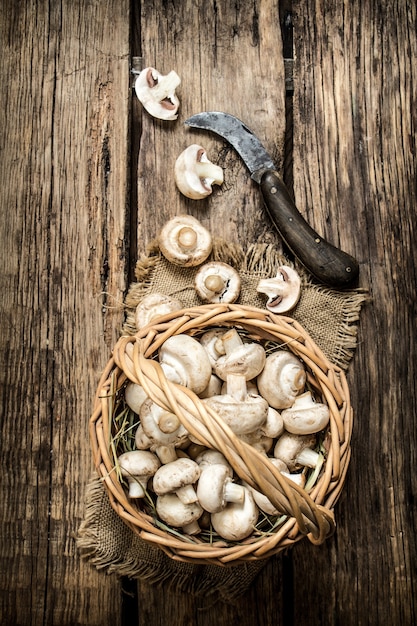 Fresh mushrooms in basket. On wooden background.