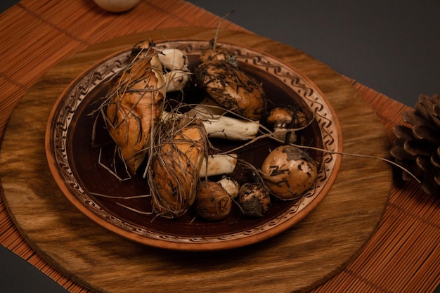 Fresh Mushrooms on a Clay Plate, Autumn Season