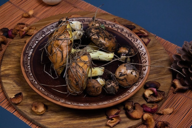 Fresh Mushrooms on a Clay Plate, Autumn Season