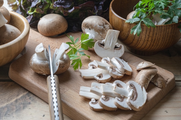 Fresh mushrooms on a cutting board