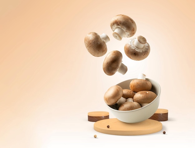 Fresh mushrooms falling into bowl with copy space