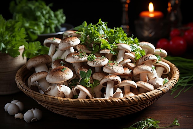 Fresh mushrooms in a wicker basket on a dark wooden table