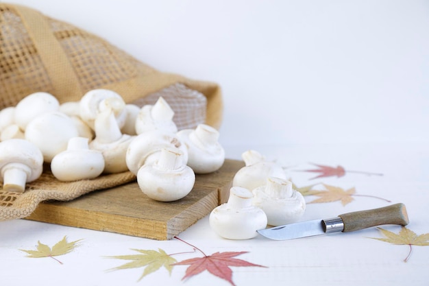 Fresh mushrooms on wooden cutboard