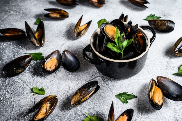 Fresh mussels in wine sauce. The concept of cooking seafood. Gray background. Top view