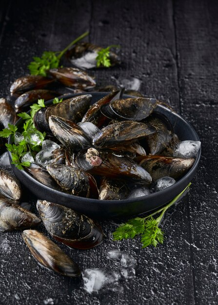 Fresh mussels with parsley on a black background