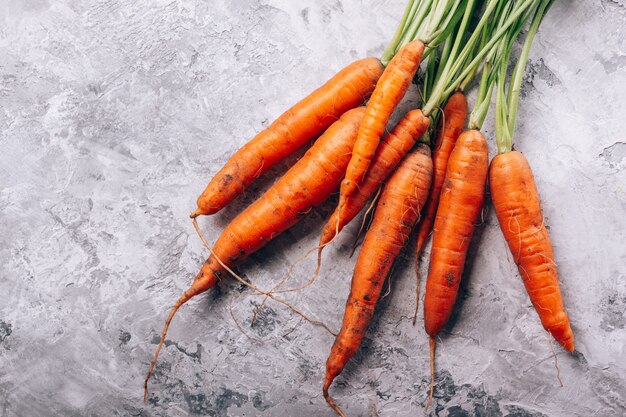 Fresh natural carrots on a concrete surface