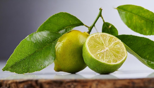 свежий натуральный зеленый лимон с белым фоном листьев