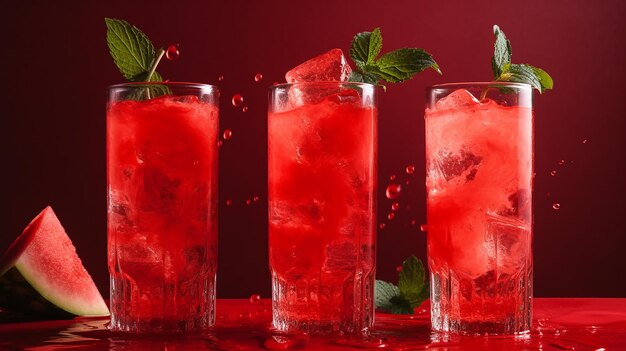 Photo fresh and natural watermelon juice with mint and ice on cutting board with generative ai technology