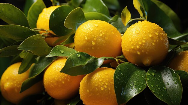 가지에 있는 신선한 자연 노란색 레몬 자연 건강 생태 식품과 농업 개념