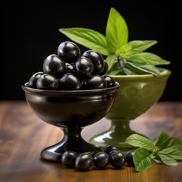 Fresh and naturally healthy green olives and black olives in bowls good for health and fresh salads