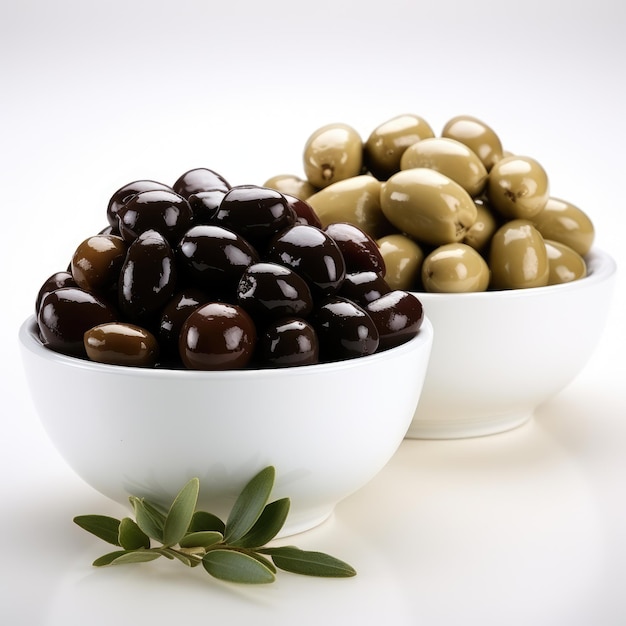 Свежие и естественно полезные зеленые оливки и черные оливки в мисках, полезные для здоровья, и свежие салаты