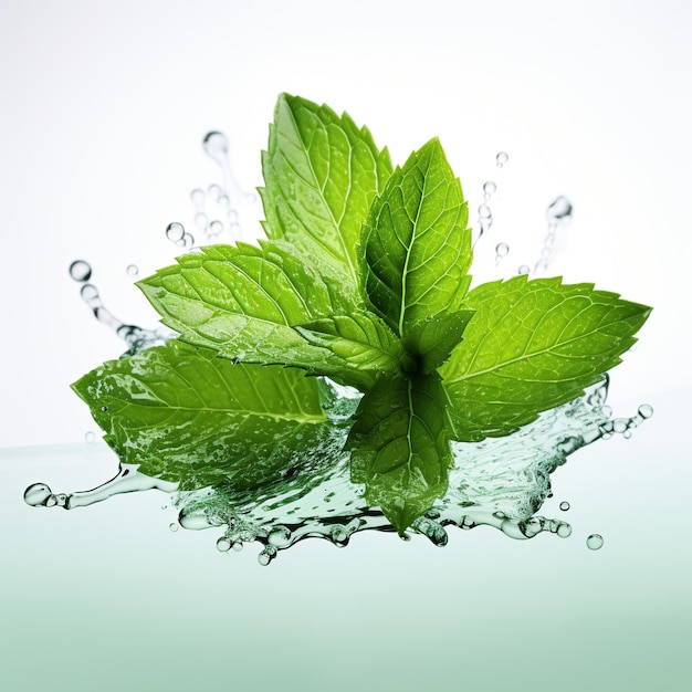 Свежий природный зеленый лист мяты с водой на белом фоне Изображение, сгенерированное AI