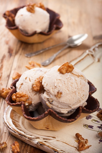 Fresh nut ice cream in waffle cup