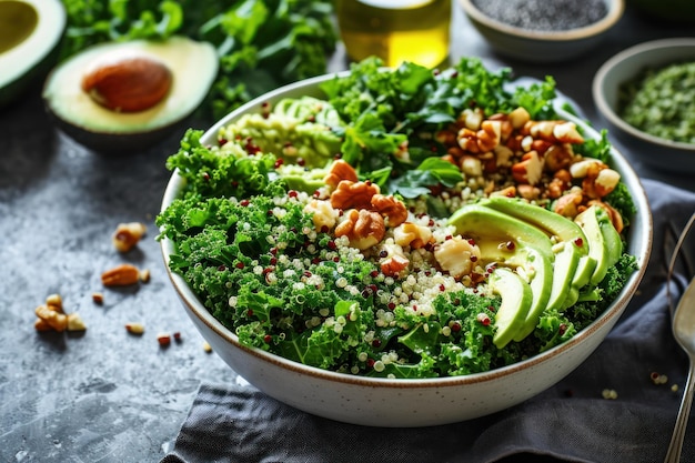 Fresh and Nutritious Kale Quinoa Salad with Avocado Slices and Walnuts