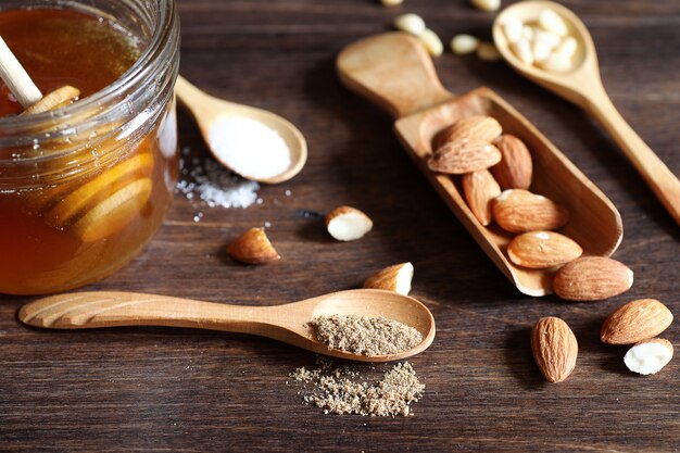 Fresh nuts on the table for breakfast with honey and cake