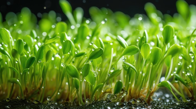 水滴が付いた新鮮なオート麦の芽をクローズアップ、畑で育つ植物のショット