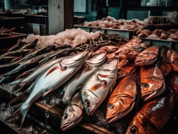 Foto pesce fresco dell'oceano e frutti di mare al mercato del pesce primo piano vista dall'alto creata con la tecnologia di intelligenza artificiale generativa