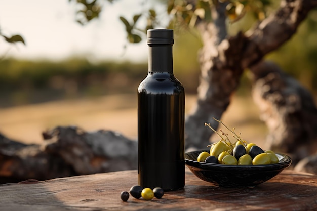 Fresh olive oil and olives in olive trees background