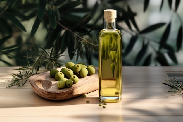 Fresh olive oil and olives in olive trees background