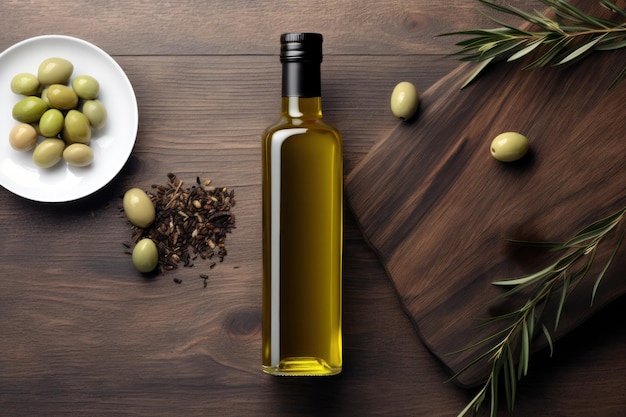 Fresh olive oil and olives in olive trees background
