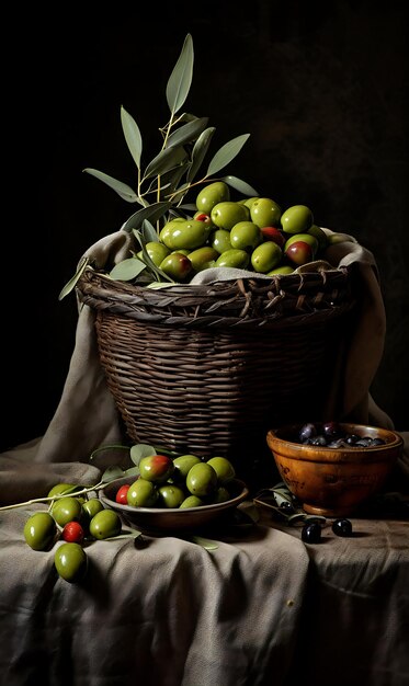 Fresh Olives in a basket Ripe Olive fruit